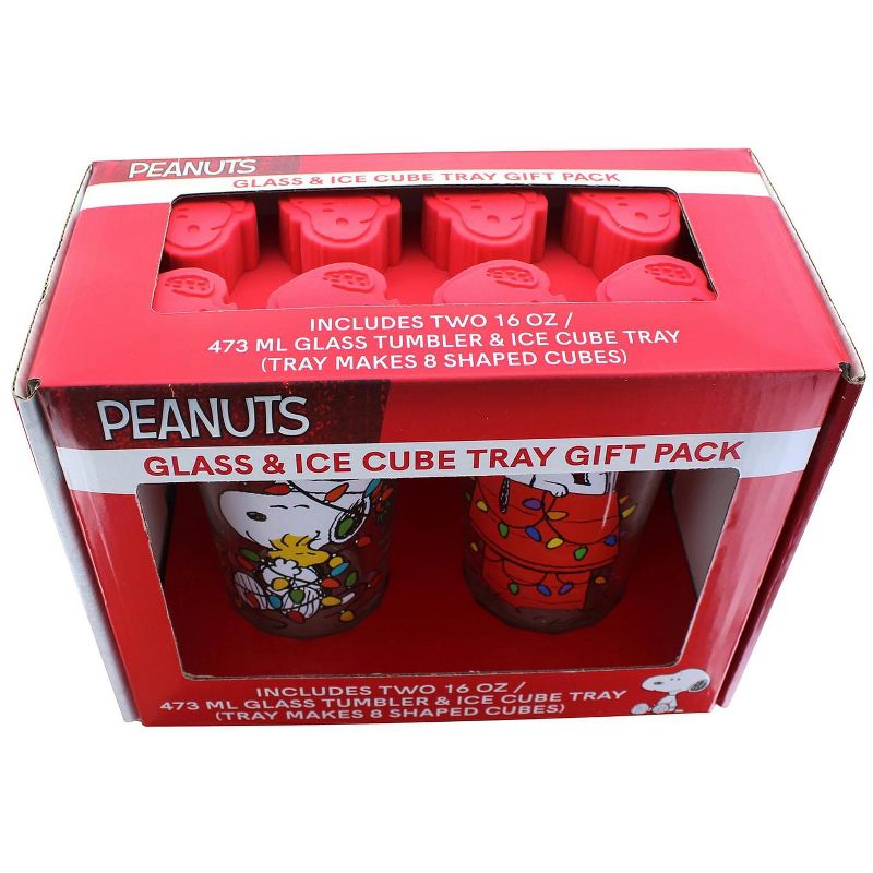 Silver Buffalo Peanuts Holiday Snoopy 16oz Pint Glasses with Ice Tray Set