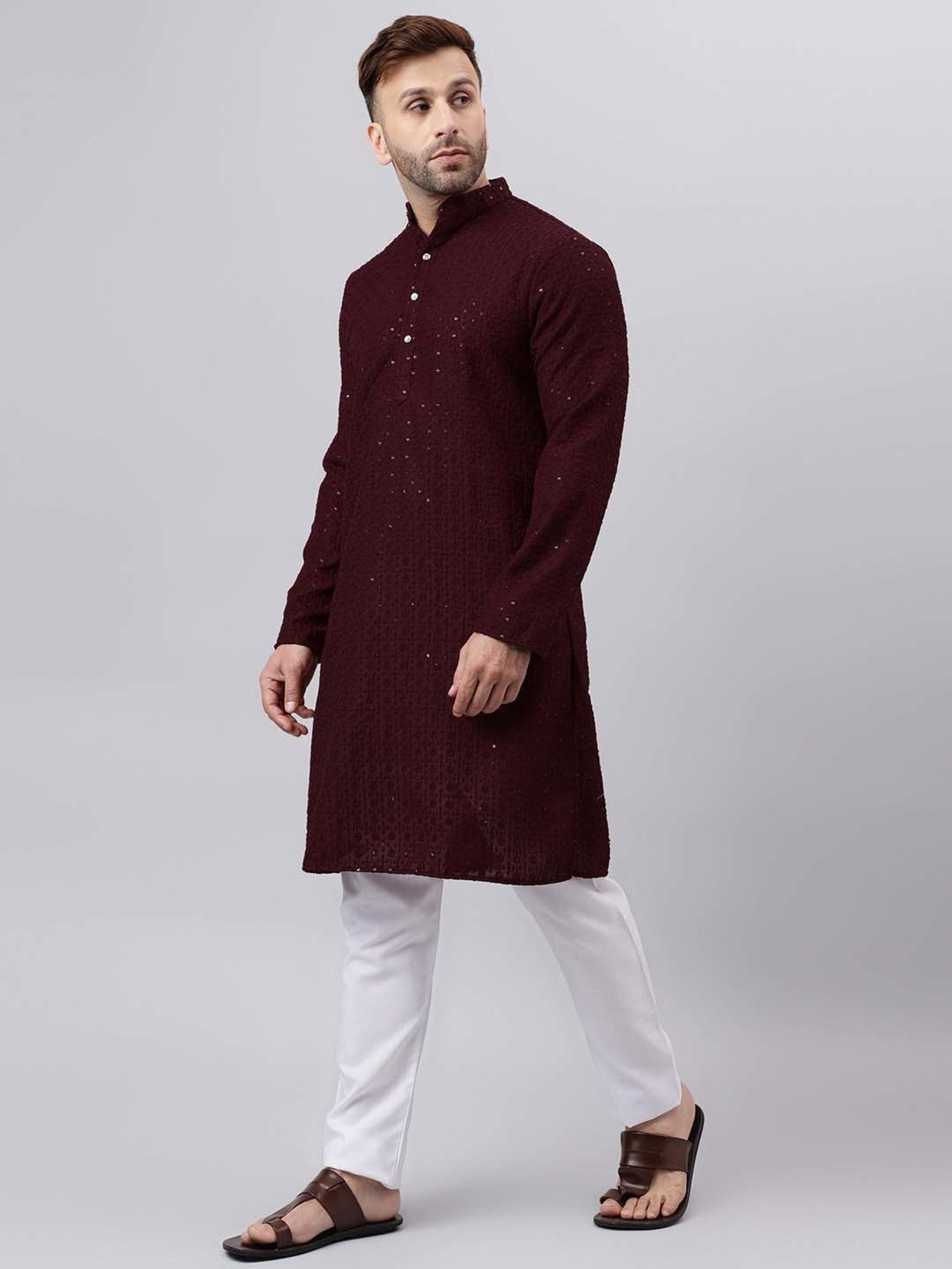 Hangup Maroon & White Regular Fit Embroidered Kurta & Pyjamas Set