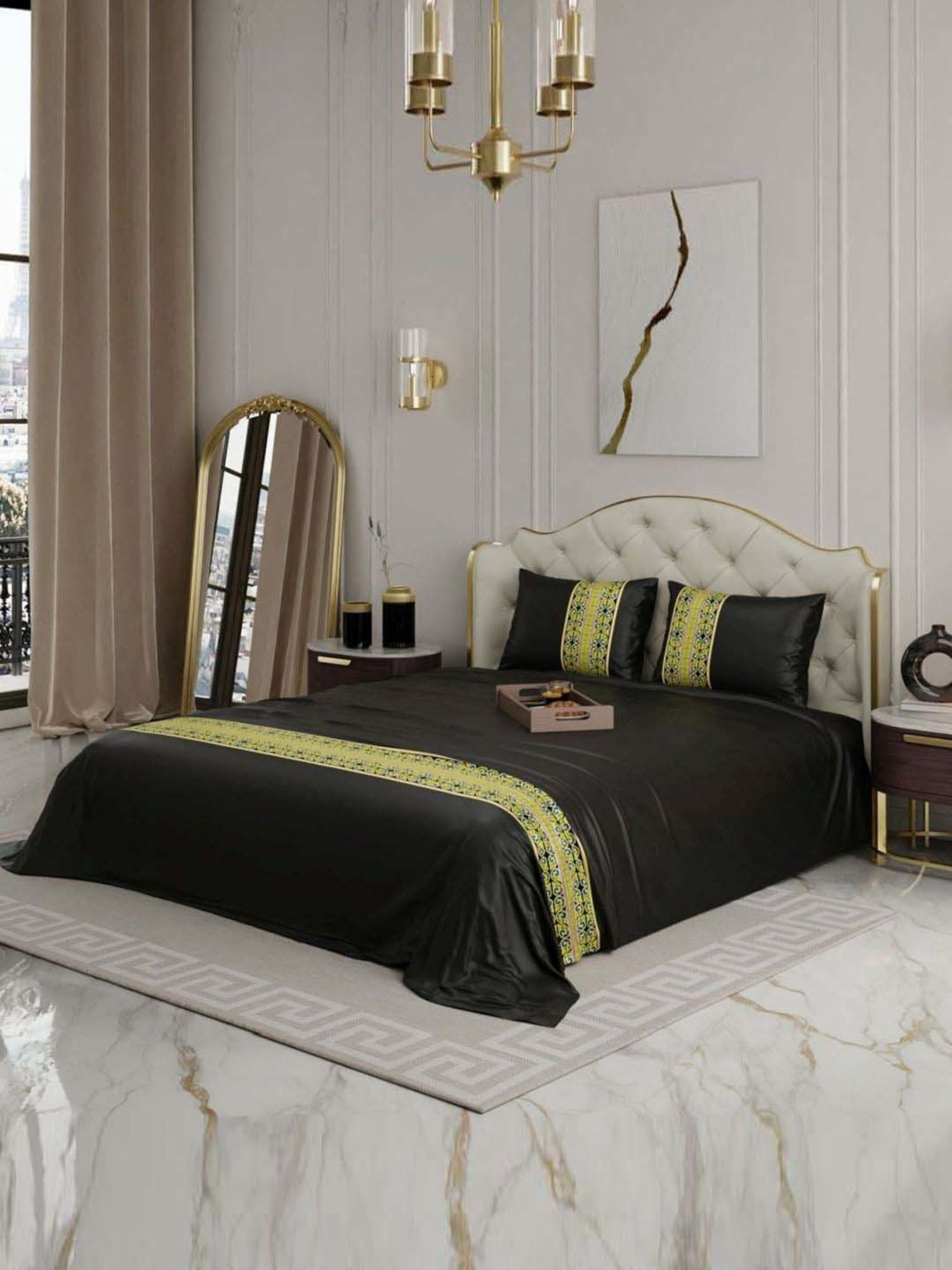 Stoa Paris Versailles Applique Print Black 300 TC Sateen Double Bedsheet with 2 Pillow Covers