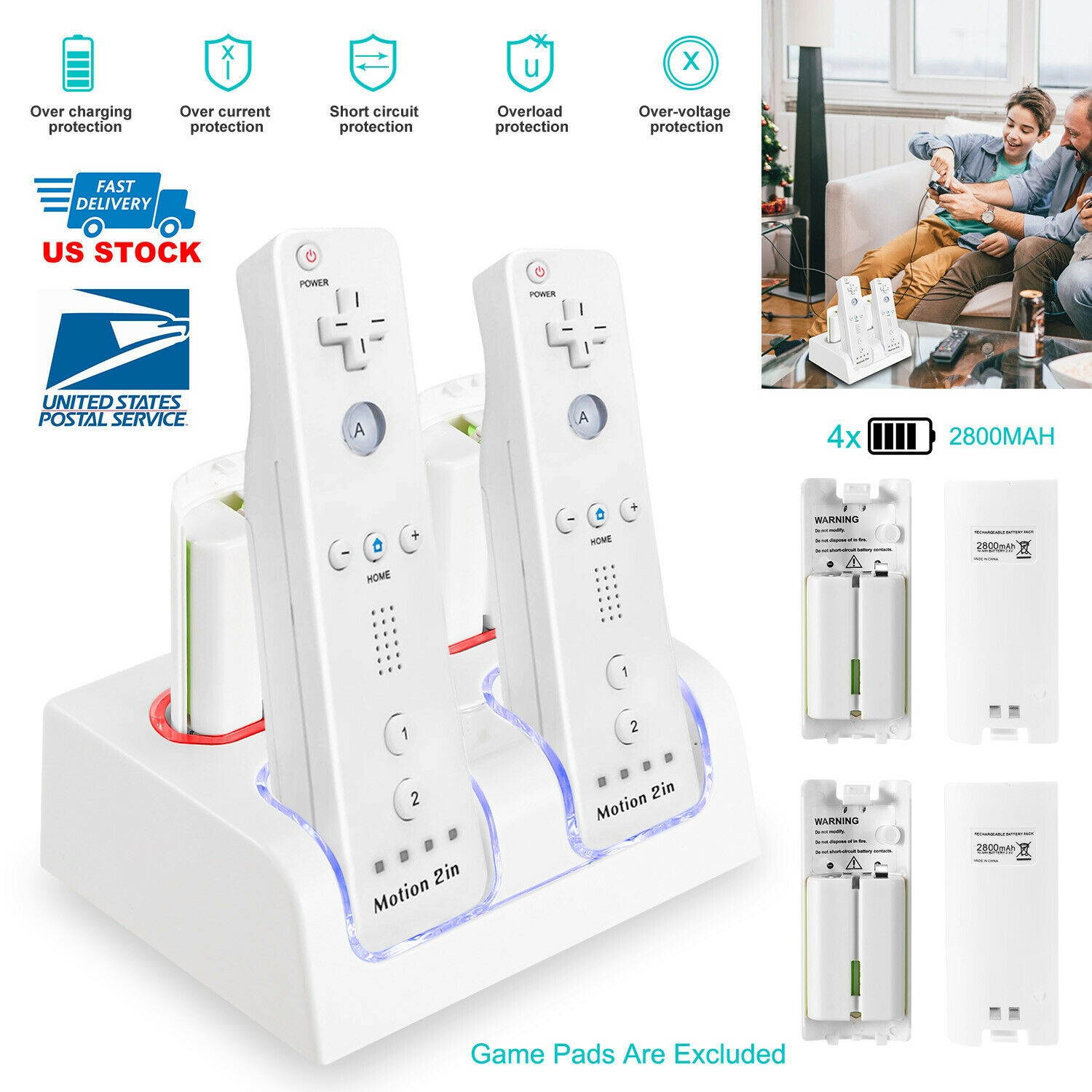 Quad Gamepad Charger Charging Dock w/ 2800mAh Batteries For Nintendo Wii Remote