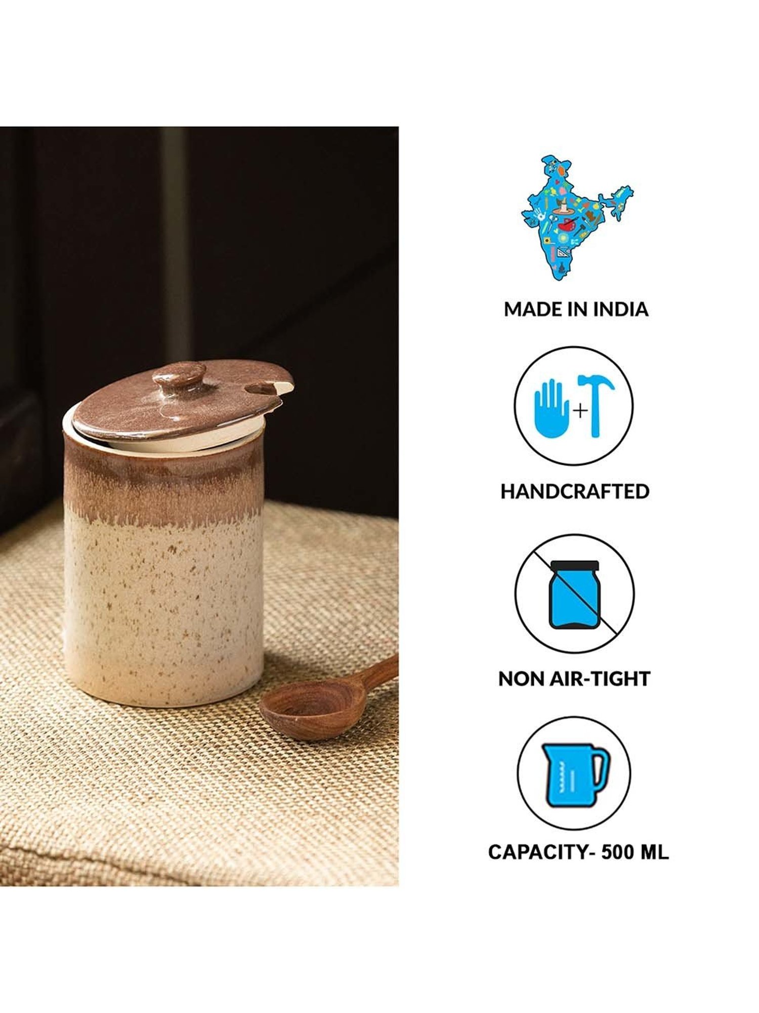 ExclusiveLane Refreshing Creams Studio Pottery Ceramic Pickle & Jam Jar With Spoon