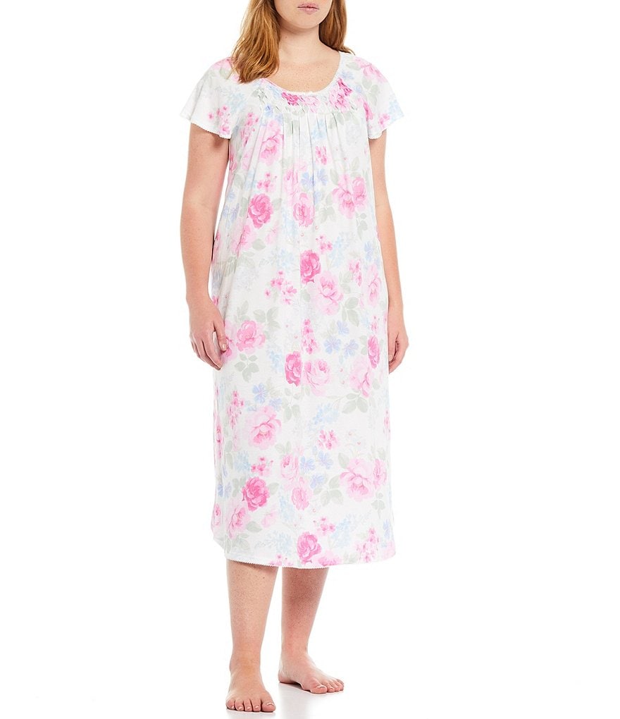 Miss Elaine Plus Size Cottonessa Floral Print Knit Long Nightgown