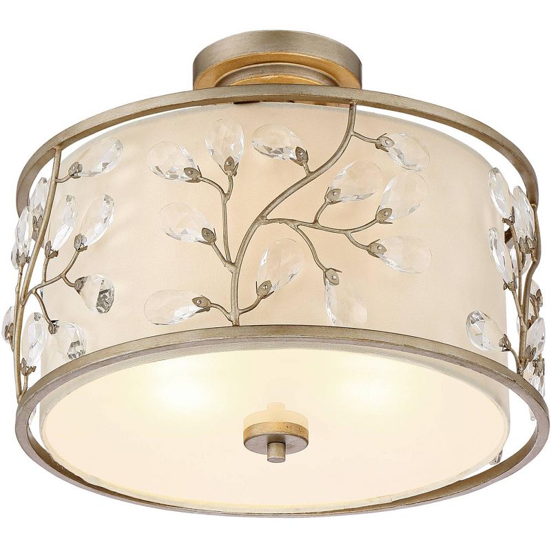 Barnes and Ivy Modern Ceiling Light Semi Flush Mount Fixture Crystal Buds Antique Silver 16" Wide Beige Fabric Drum for Bedroom