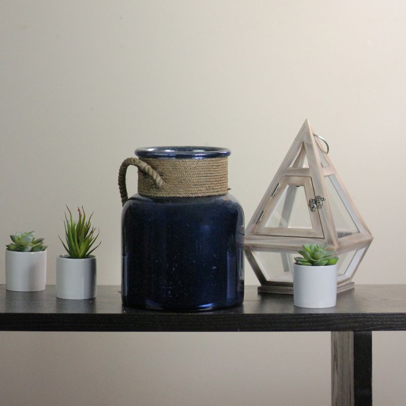 Kaemingk 9.5" Blue Mercury Glass Hurricane Lantern with Rope Handle