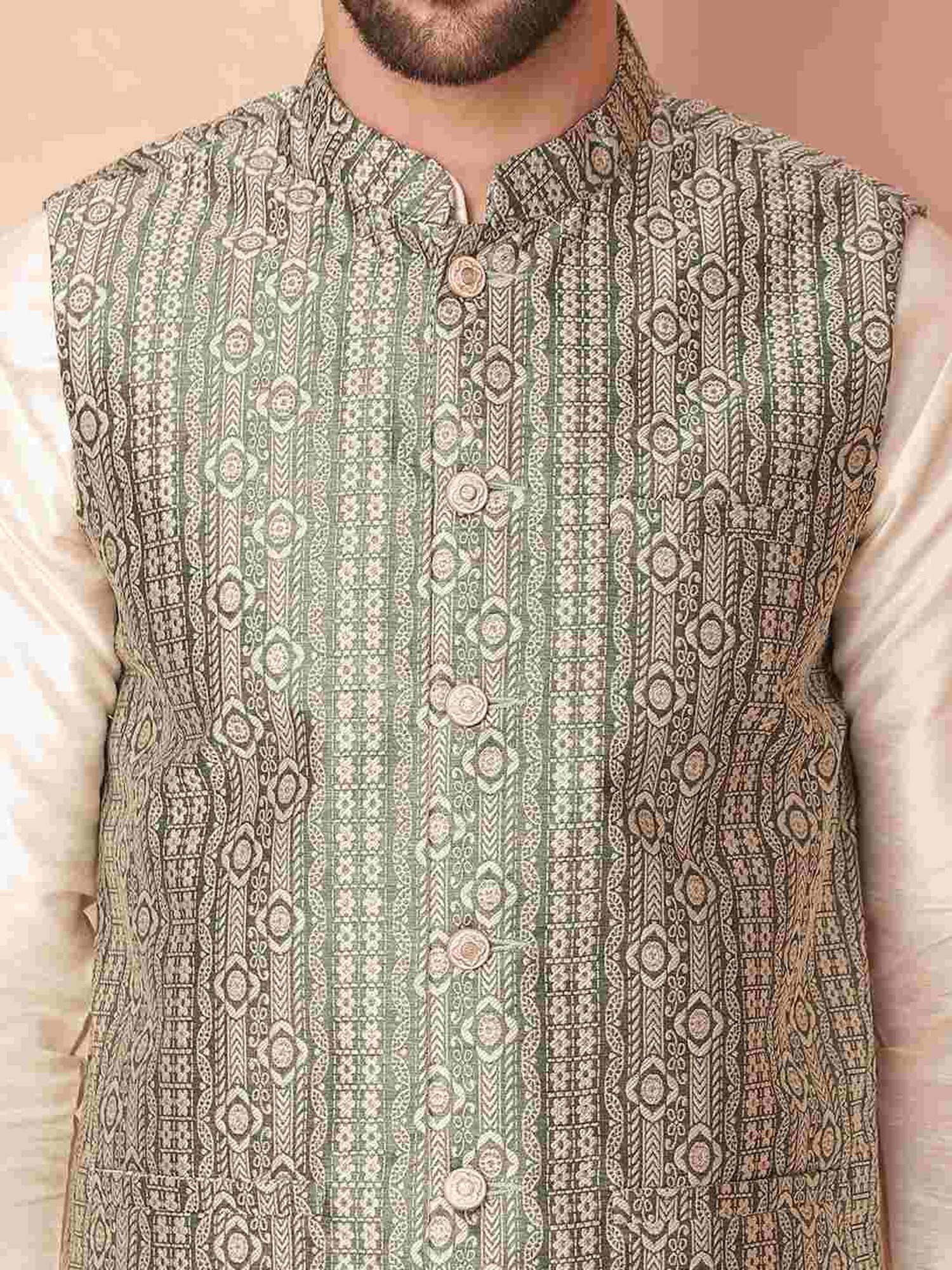 Jompers Green Regular Fit Printed Nehru Jacket