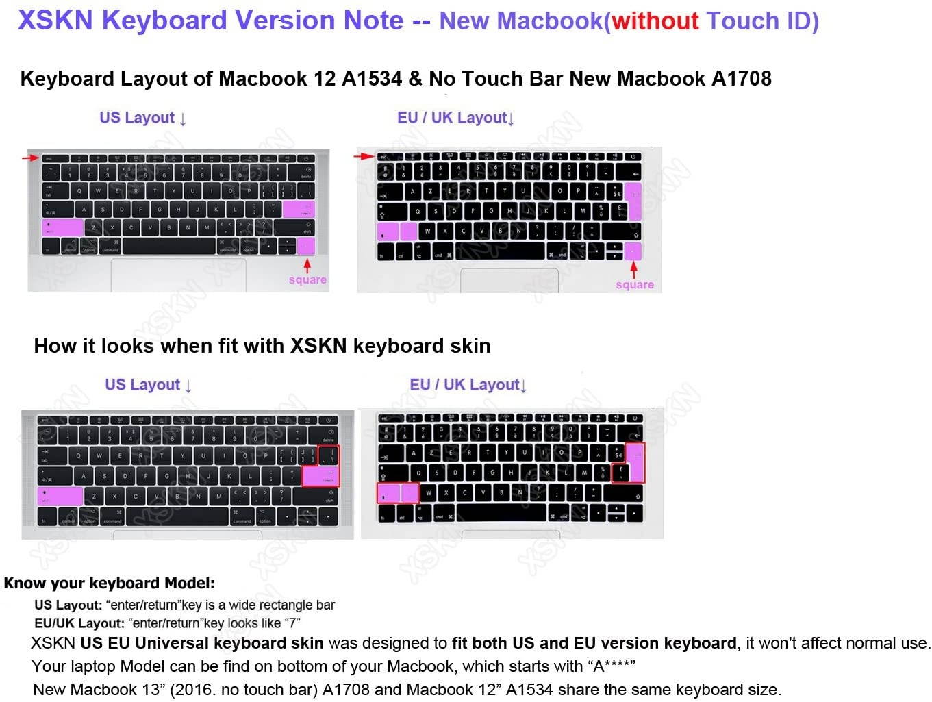 XSKN 2016 Shortcut Design Series Keyboard Skin Cover for New MacBook 12 (2015 Model A1534) and New MacBook Pro 13 (2016 Newest Version Model A1708, No Touch Bar), US&EU Version (Illustrator)
