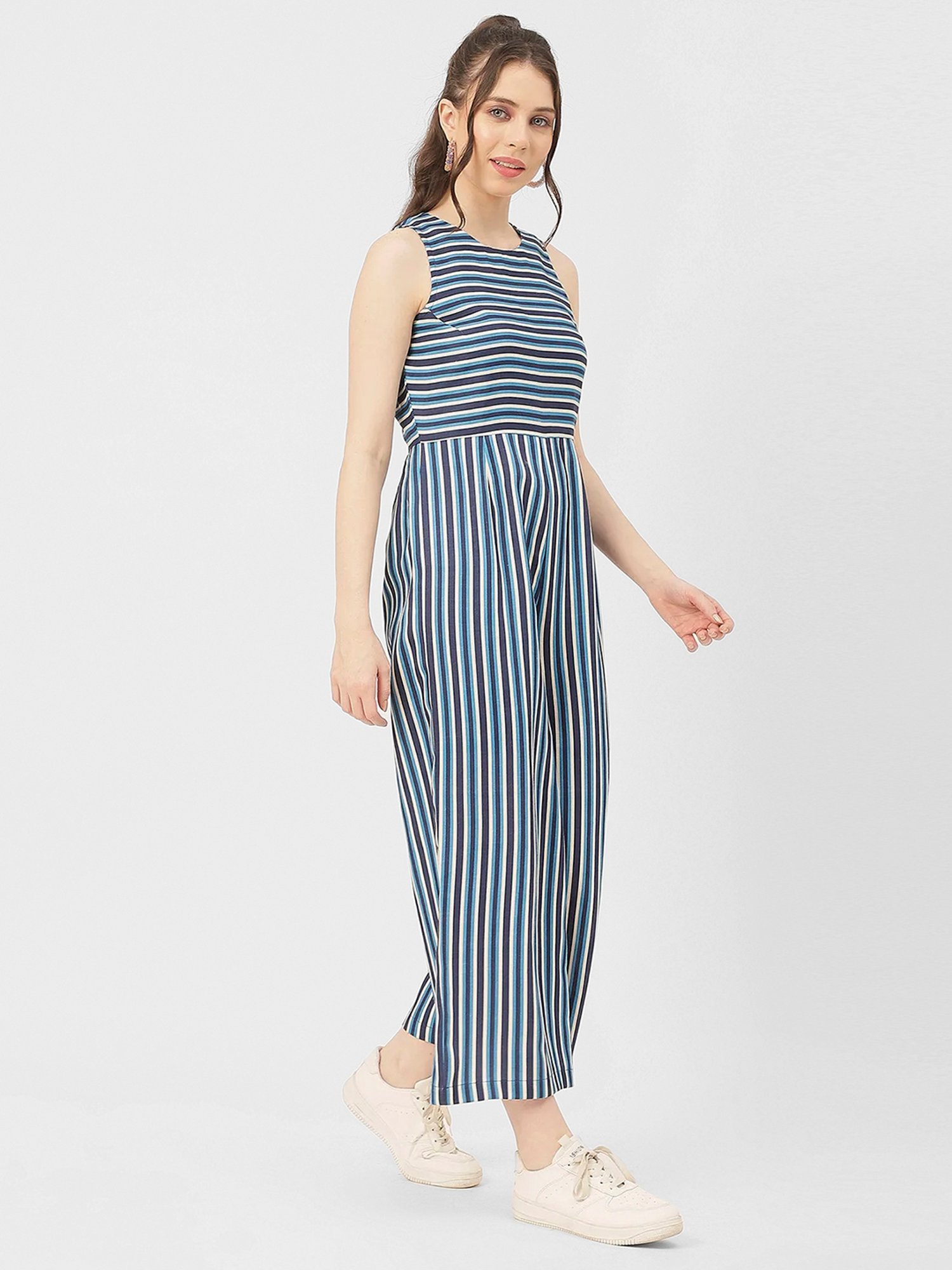 Moomaya Blue Cotton Blend Striped Jumpsuit