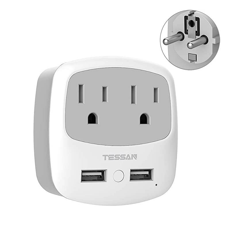 Germany France Travel Power Adapter Schuko Plug with 2 USB Ports 2 AC Outlets US to European Europe German French Spain Iceland Russia AdaptorType EF