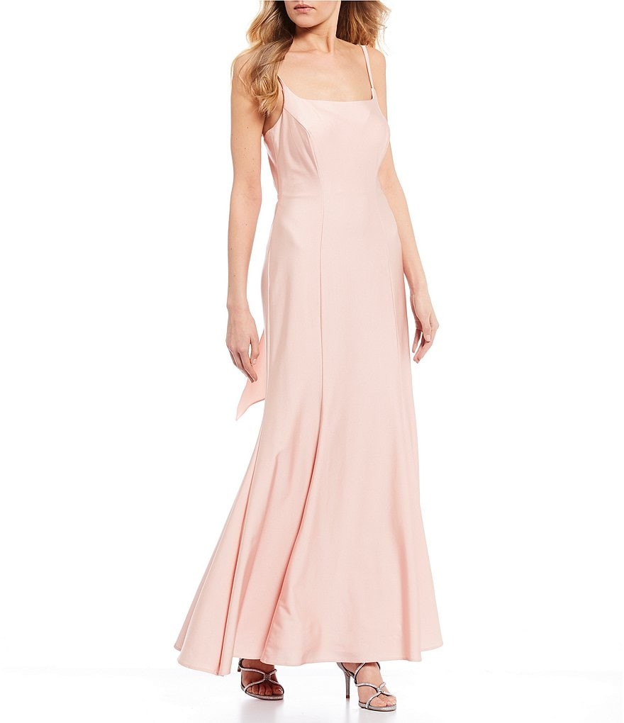 Morgan & Co. Spaghetti Strap Square-Neck Bow Tie-Back Satin Long Dress