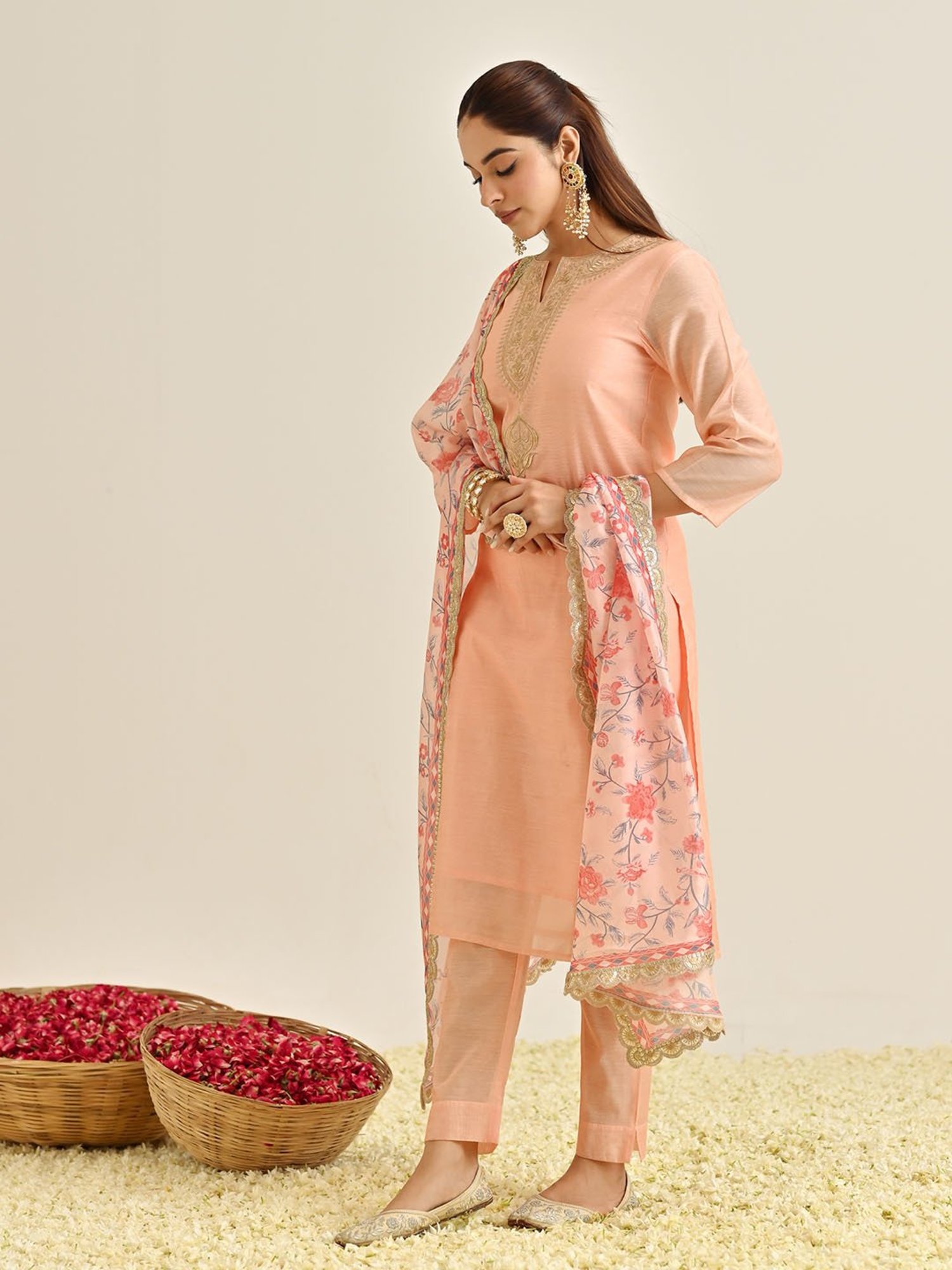 Rustorange Peach Embroidered Kurta With Pant & Dupatta