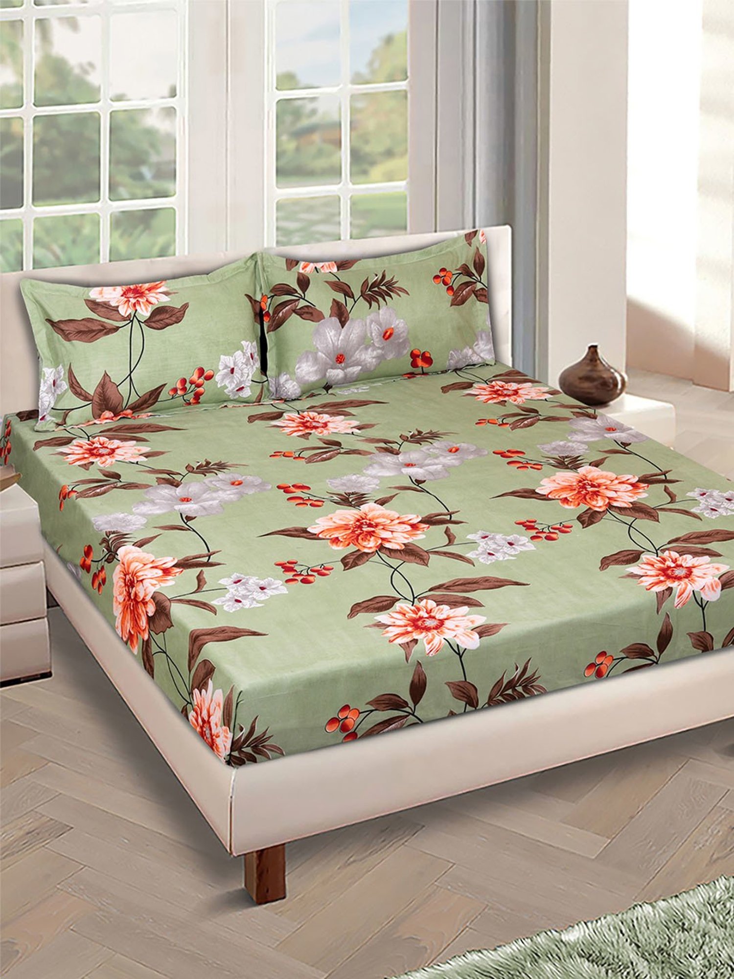 Romee Green Microfibre Floral Bed Sheets