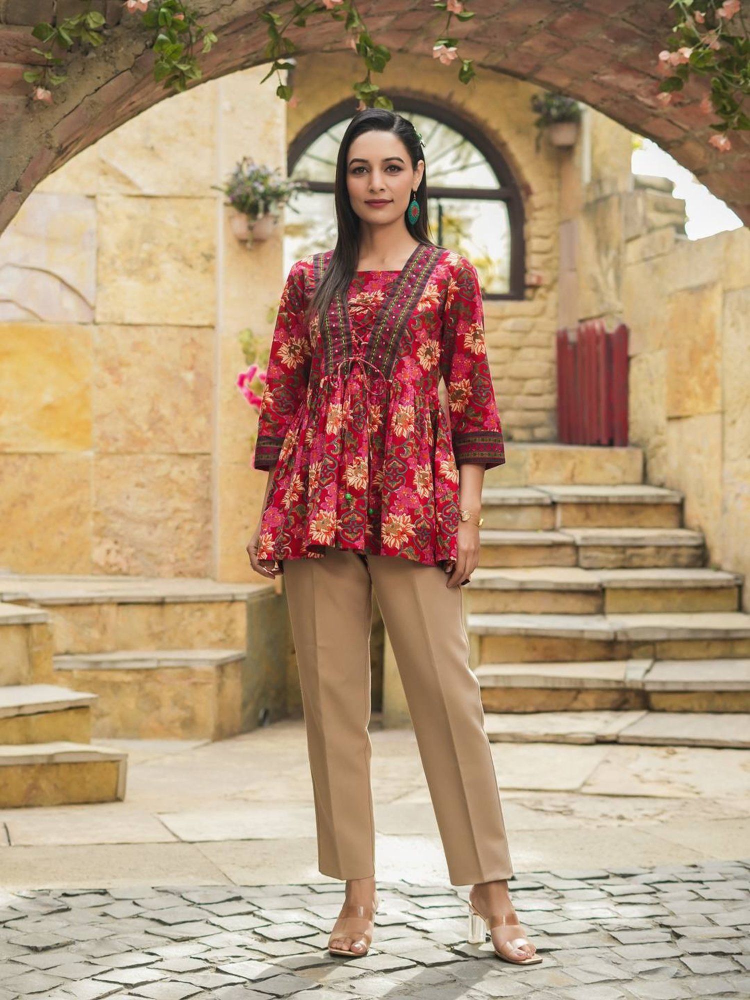 Rain and Rainbow Red Cotton Floral Print Top
