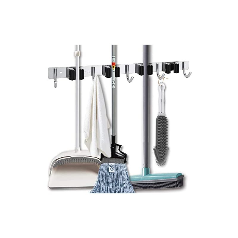 Garage Storage Stainless Steel Mop Broom Holder Wall Mount Heavy Duty Tools Hanger with 4 Racks 5 Hooks for Kitchen Bathroom Closet Garage Office Garden