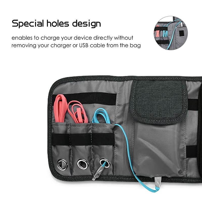 Travel Gadgets Organizer Bag Universal Electronic Accessories Cable RollUp Pouch Portable Gear Storage Carrying Cover for Cords SD Memory Cards Earphone Hard Drive Black