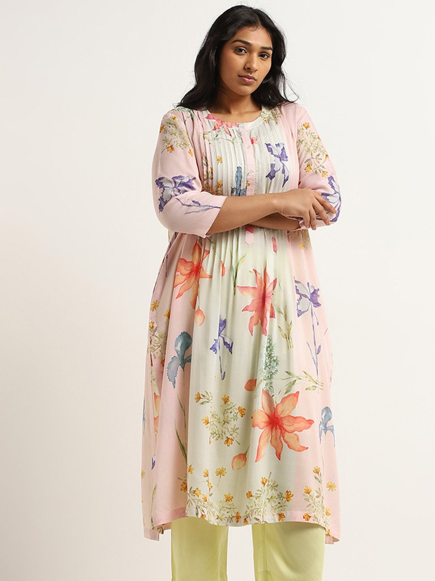 Diza by Westside Pink Floral Pintuck Cotton Kurta