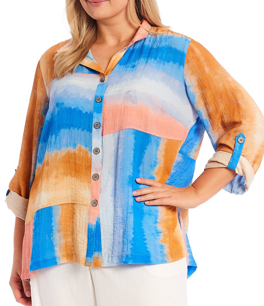 John Mark Plus Size Tie Dye Block Print Point Collar Neck 3/4 Roll-Tab Sleeve Back Pleat Seams Detail Button Down Blouse