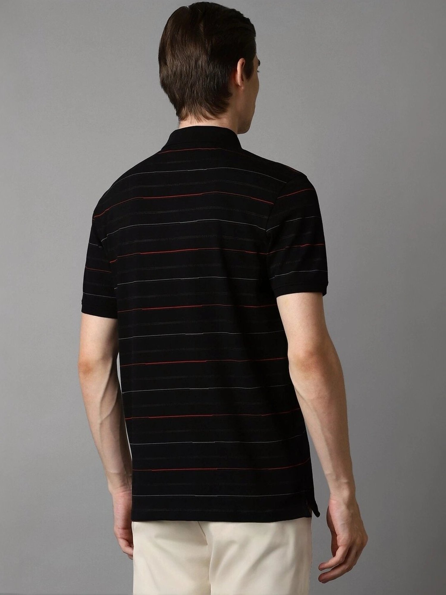 Louis Philippe Black Cotton Slim Fit Striped Polo T-Shirt