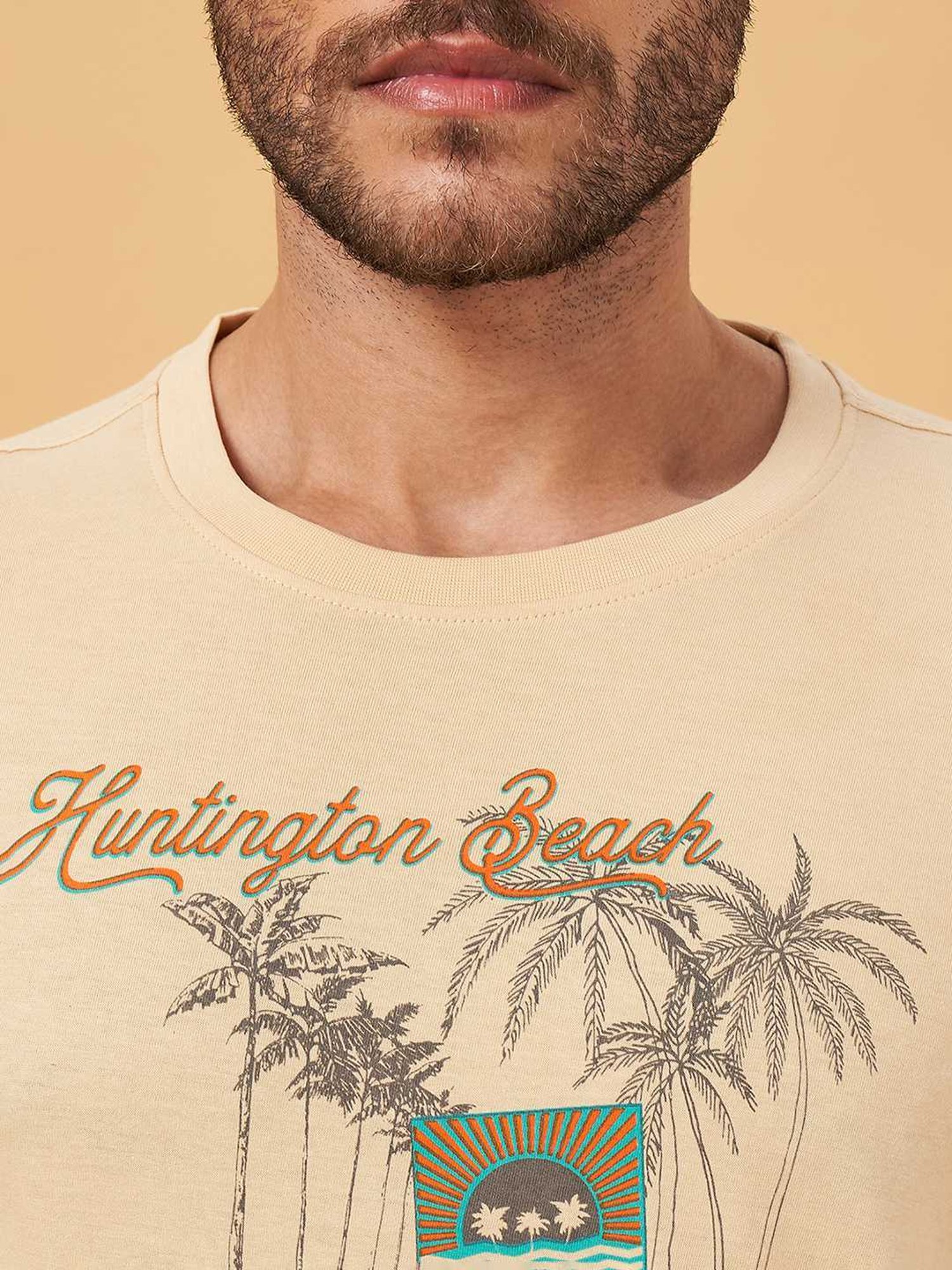 Urban Ranger by Pantaloons Light Beige Cotton Slim Fit Printed T-Shirt