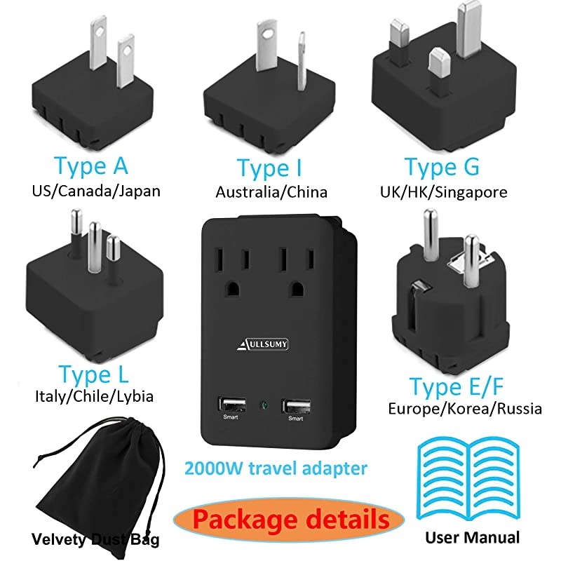 2000W Worldwide Travel Adapter KitUniversal Electrical Adapters 2 USB Ports 2 US Outlets Travel Power ChargerInternational Travel Adapter Plug for Europe UK Australia Italy China Ireland