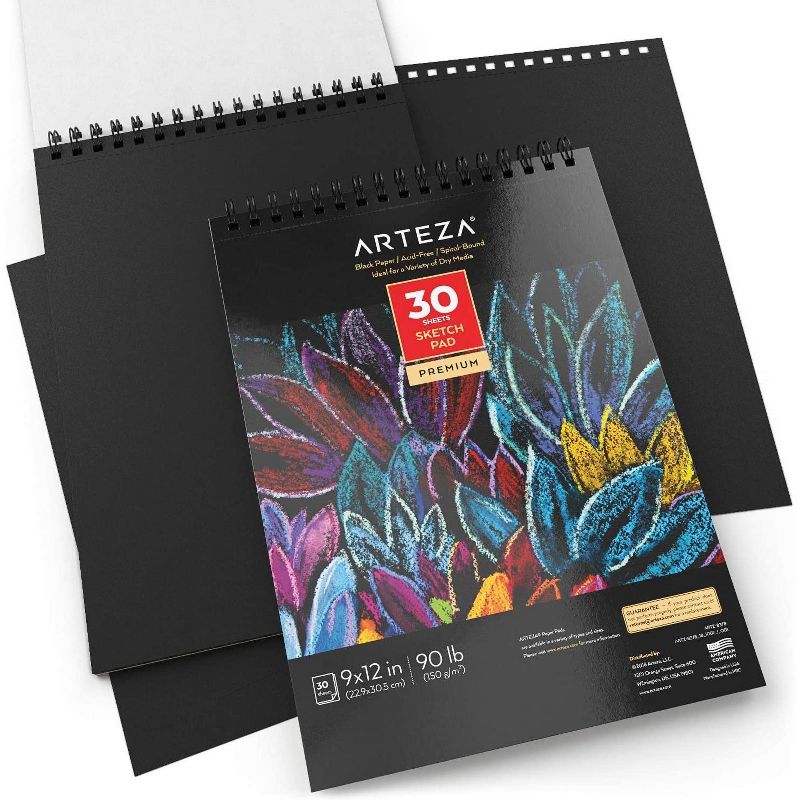 Arteza Black Paper Sketch Pad, 9"x12", 30 Sheets - 2 Pack (ARTZ-8377)