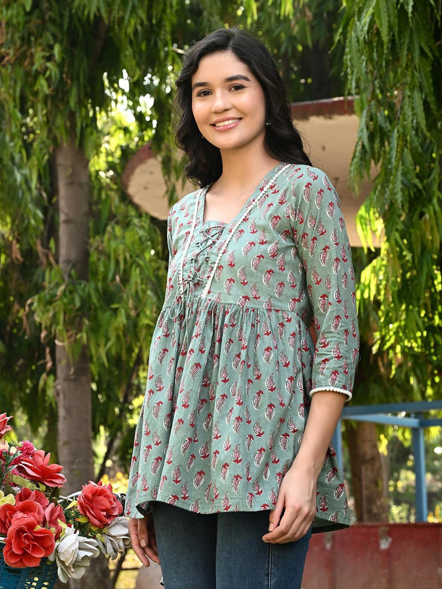 DECKEDUP Sage Green Cotton Printed Tunic