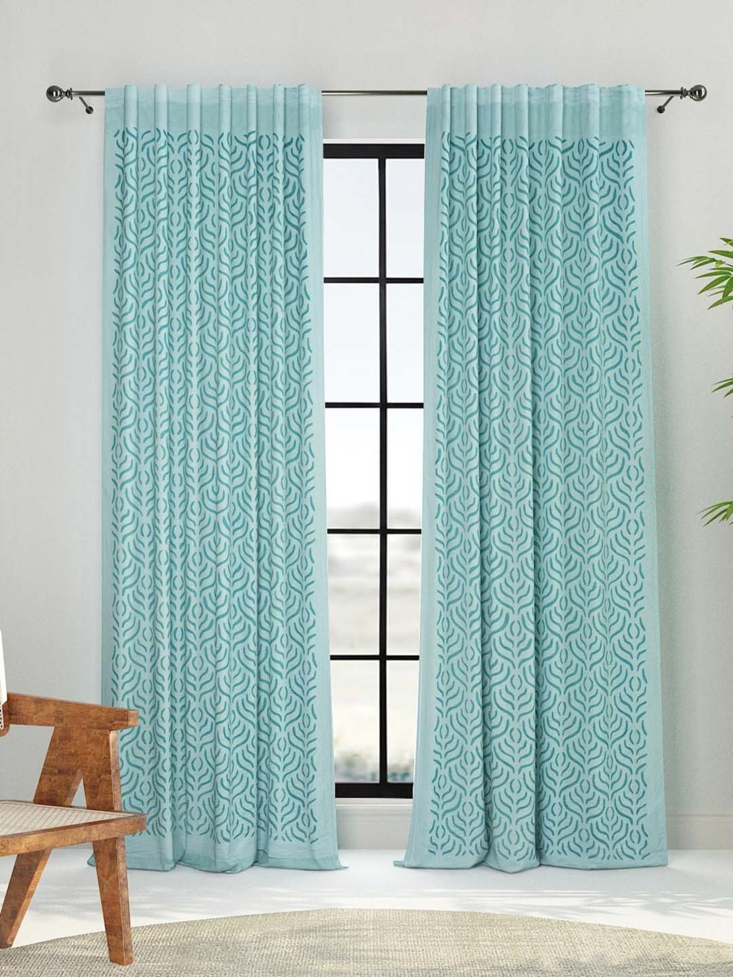 Fabindia Home 'Marika Raima' Teal Blue Cotton 5 ft Window Curtain - Single Piece