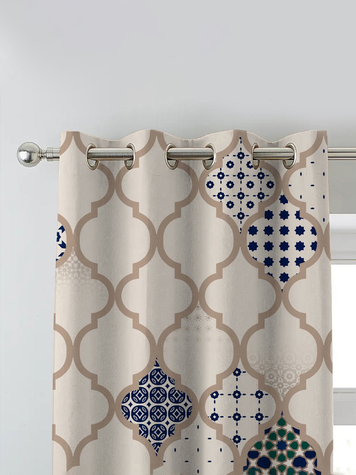 SPACES DRAPE STORY Elegant Printed Blue & Cream Polyester 7 ft Door Curtains - Set of 4