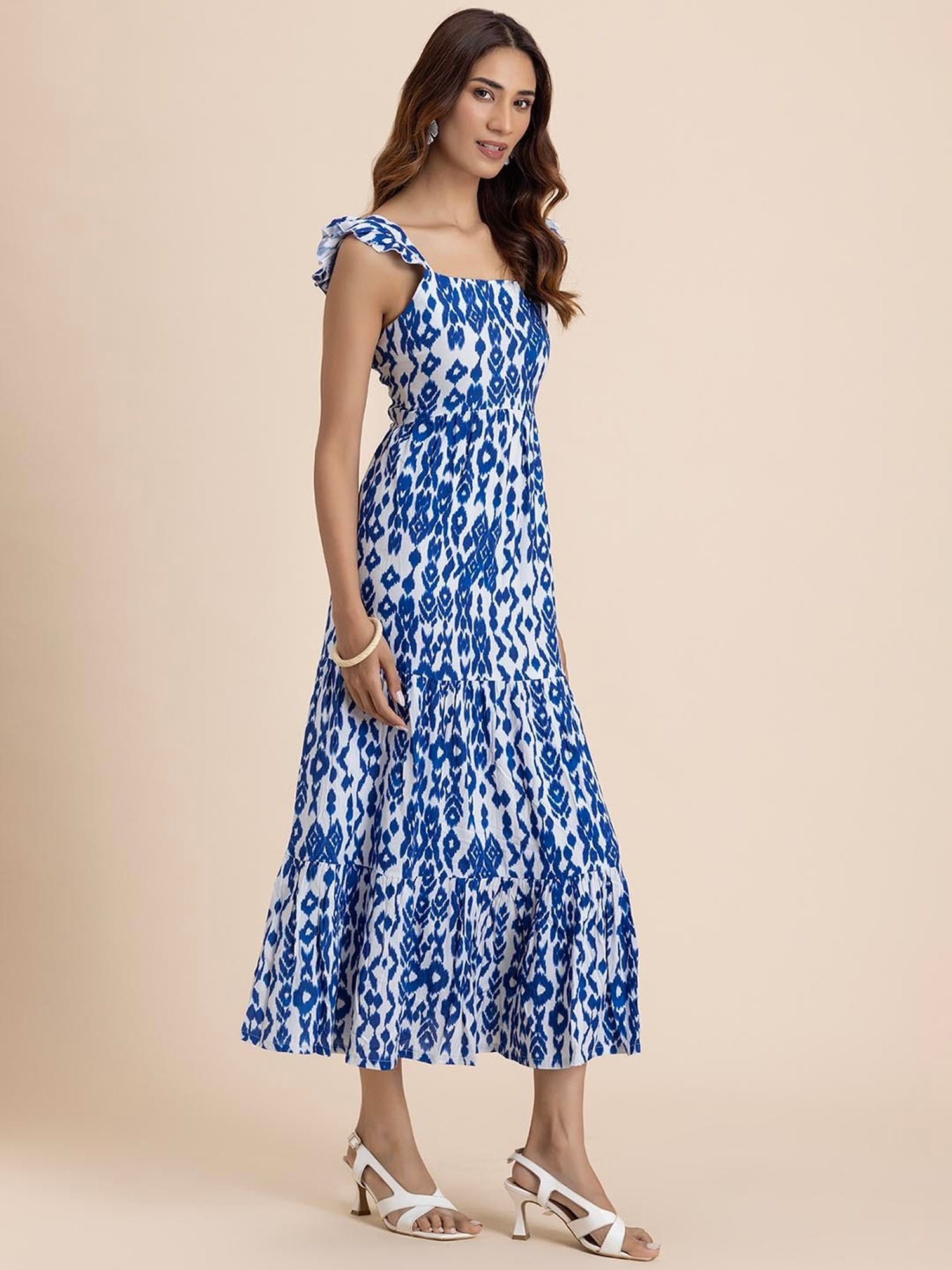 Moomaya Blue & White Printed Midi Dress