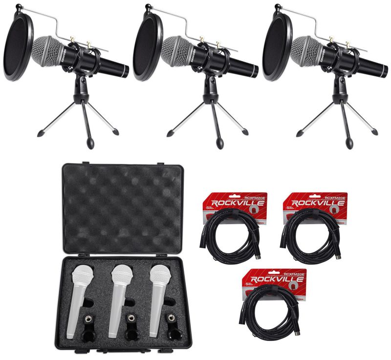 3) Samson Dynamic Podcasting Podcast Microphones+Stands+Pop Filters+Shock Mounts