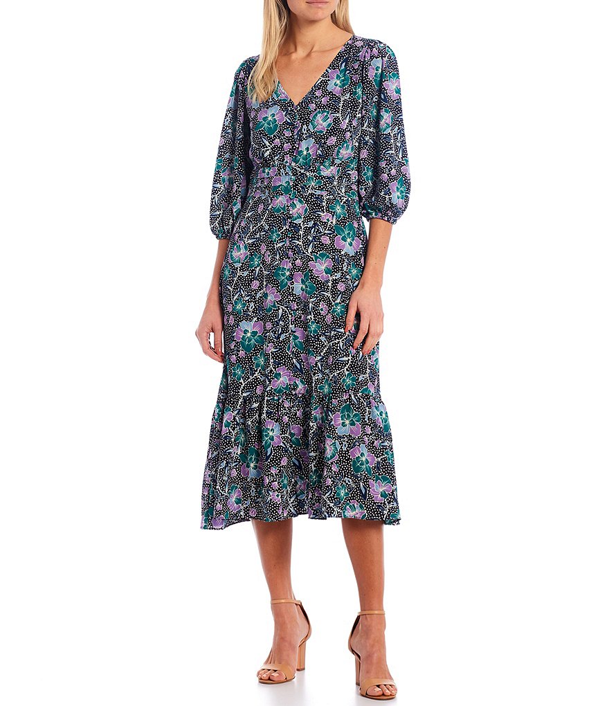 Maggy London V-Neck Floral Print Bubble Crepe Midi Dress