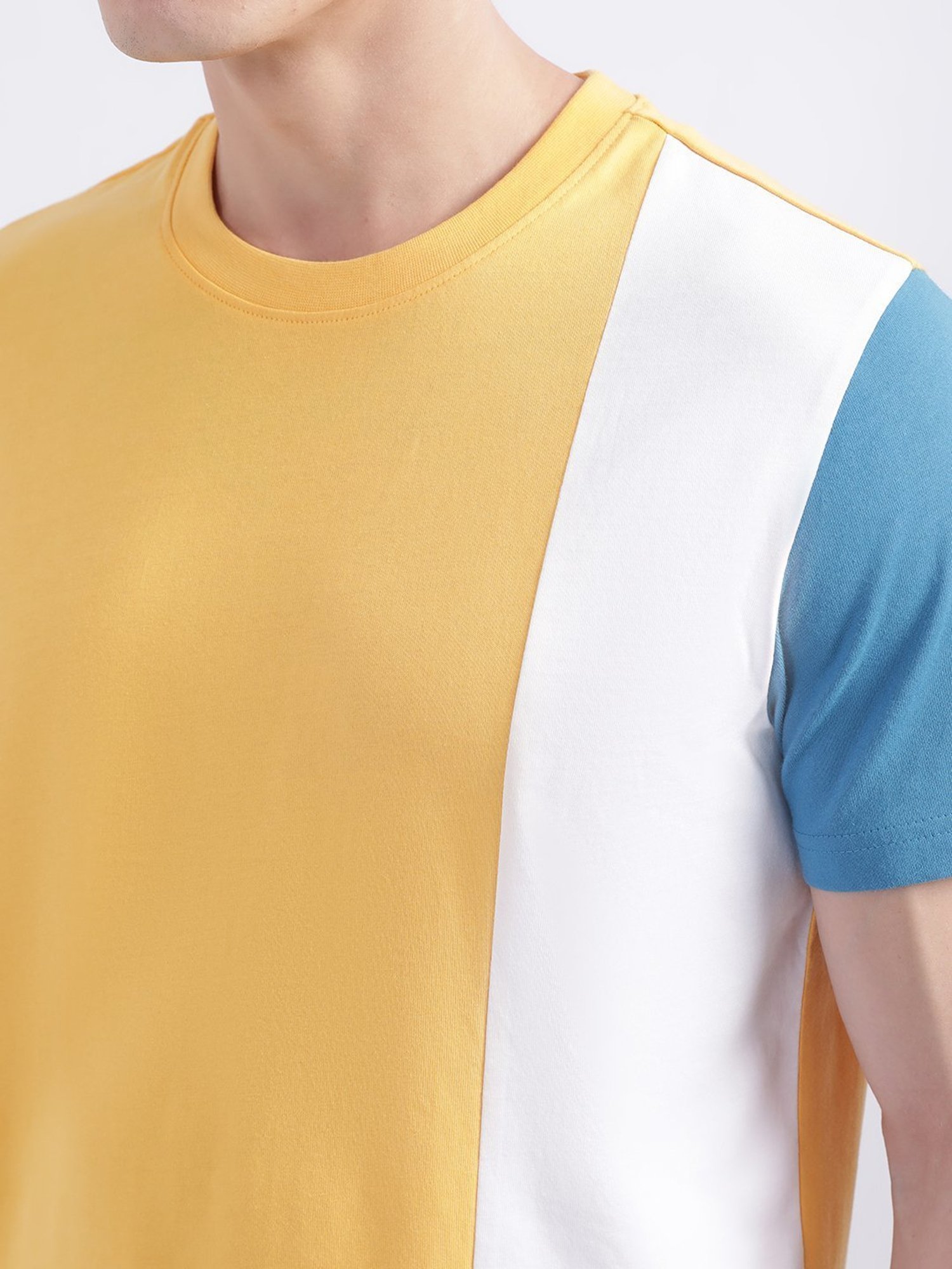 Iconic Yellow Cotton Regular Fit Colour Block T-Shirt