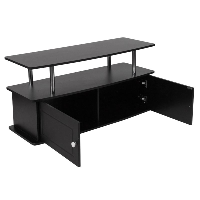 Flash Furniture Evanston Black TV Stand with Shelves, Cabinet and Stainless Steel Tubing