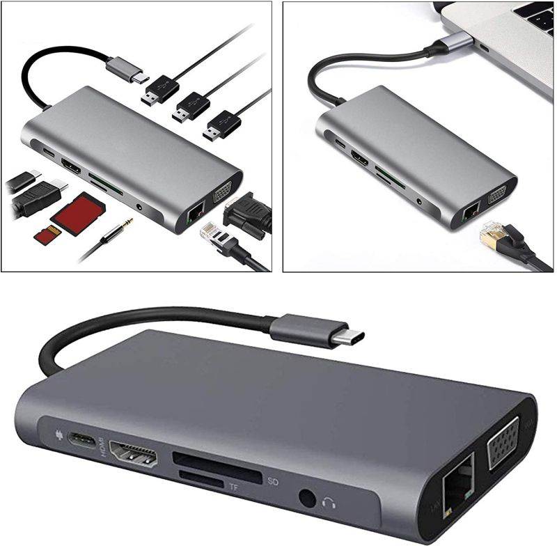 MagiDeal USB C Hub Adapter - 10 in 1 Portable Dongle with 4K HDMI Output, 3 USB 3.0 Ports, SD/TF Card Reader Compatible for MacBook Pro, More Type C Devices
