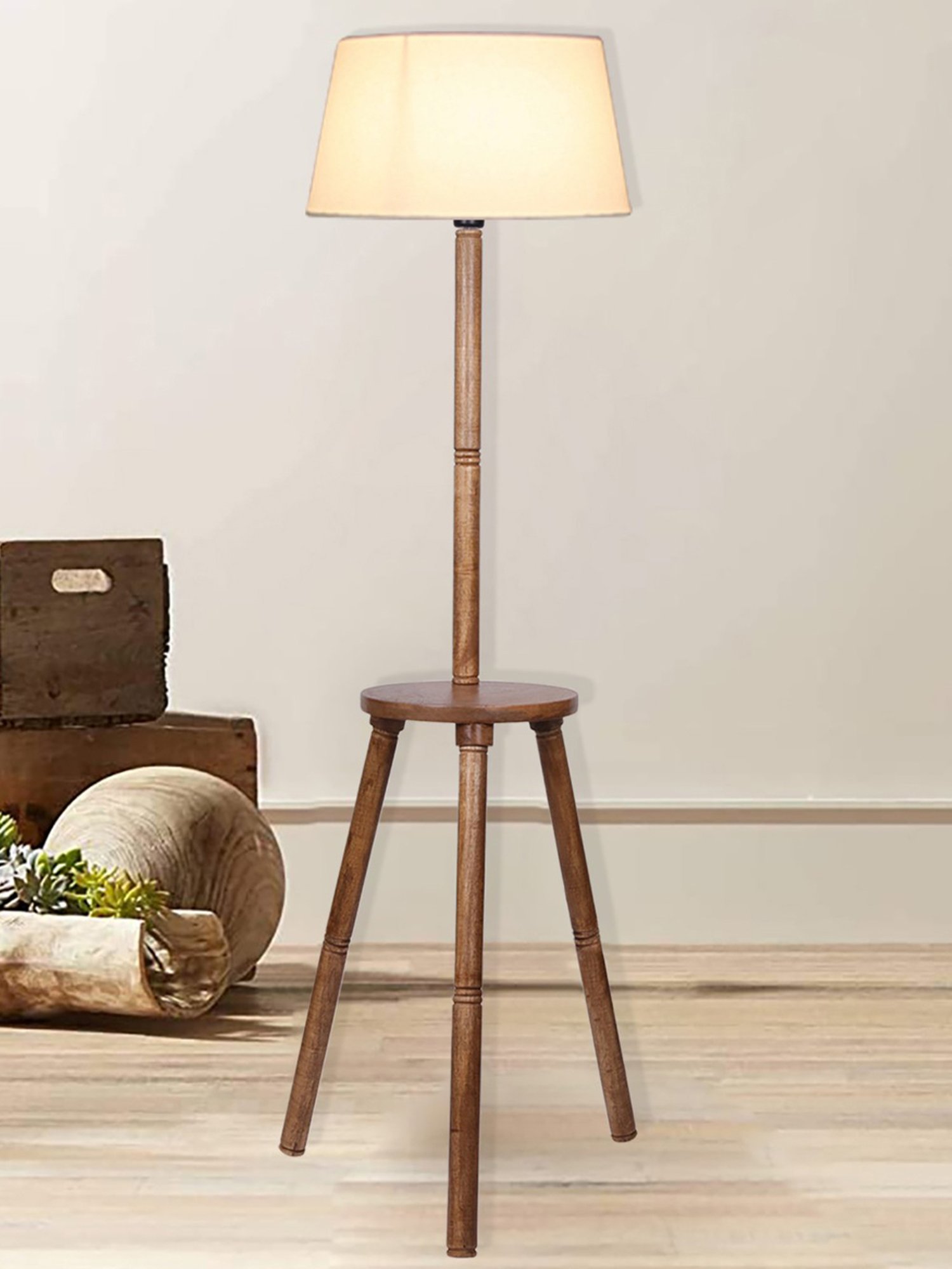 Homesake 'Tripod' Khadi & Brown Wood Tall Floor Lamp With Shade & Bulb - Set of 1