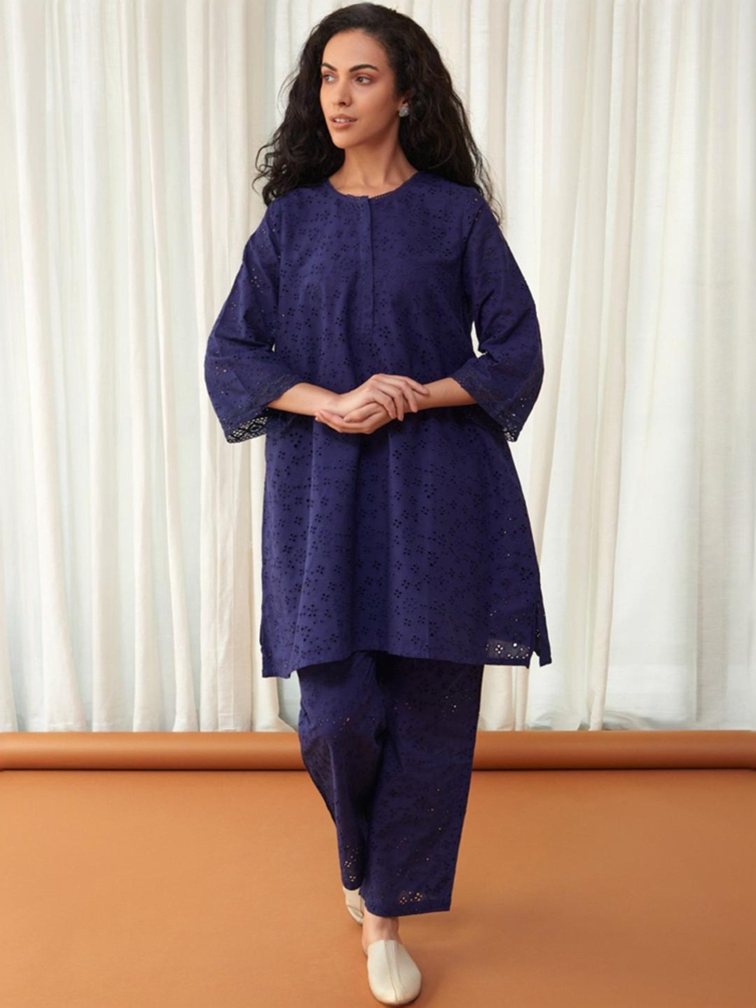 Bombay Bloom Midnight Blue Flared Cutwork Cotton Tunic with Pant Co-ord Set