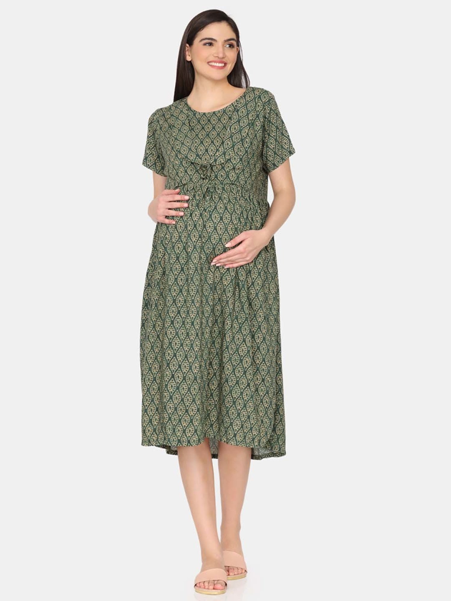 Coucou by Zivame Green Printed Maternity Night Dress