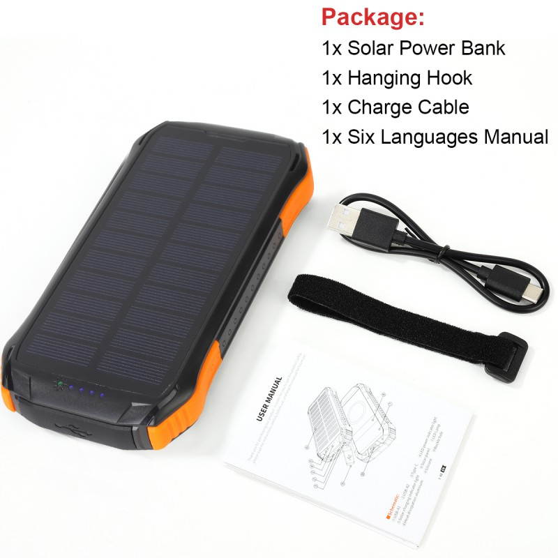 Solar Power Bank, PowerCore Solar 16000 Dual-Port Solar Charger with Flashlight, IP65 Splashproof, Dustproof for Camping/Outdoor Activities, Compatible with iPhone, Samsung Smartphones.