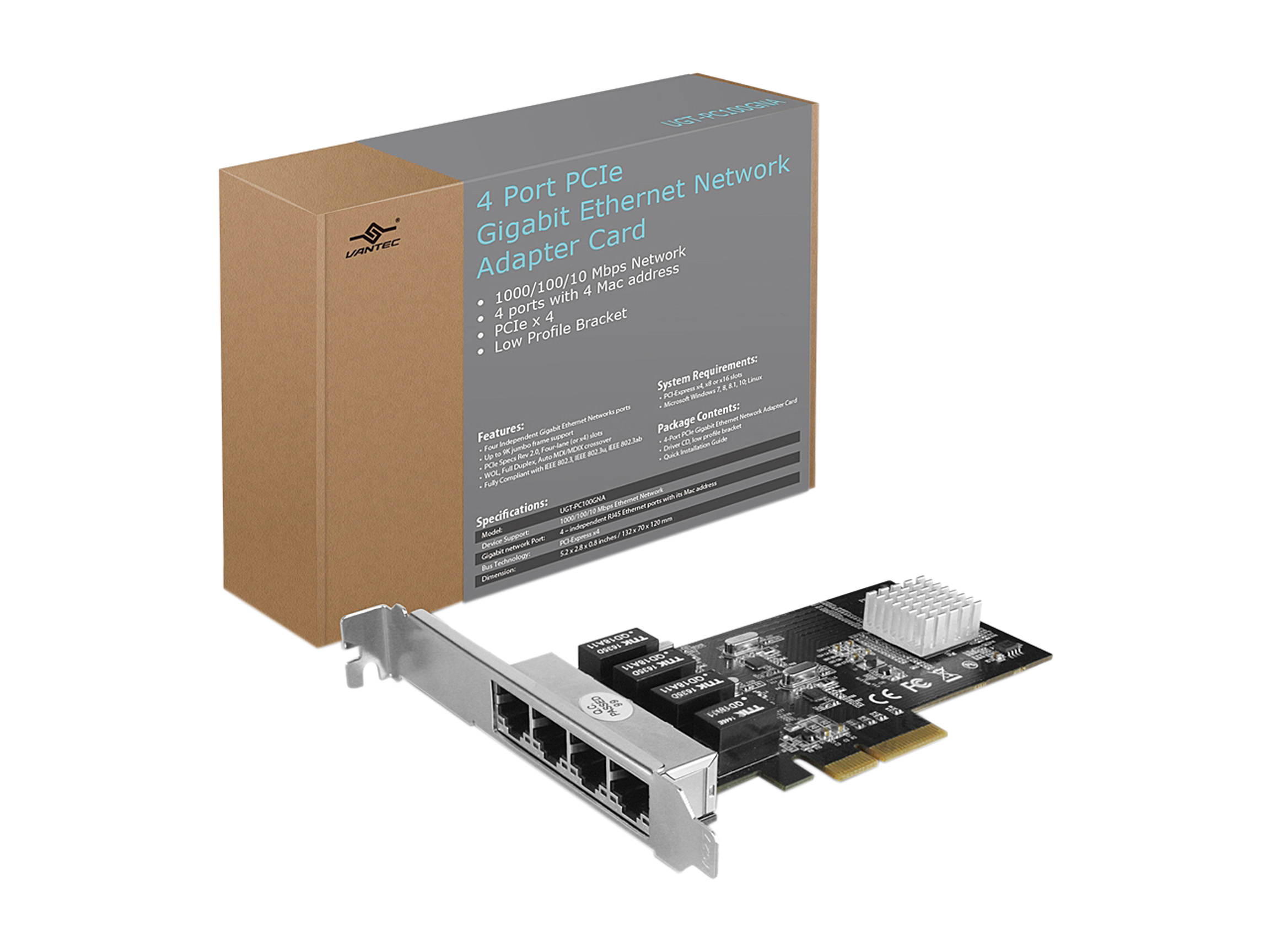 VANTEC UGT-PC100GNA 4-Port PCIe Gigabit Ethernet Network Adapter Card