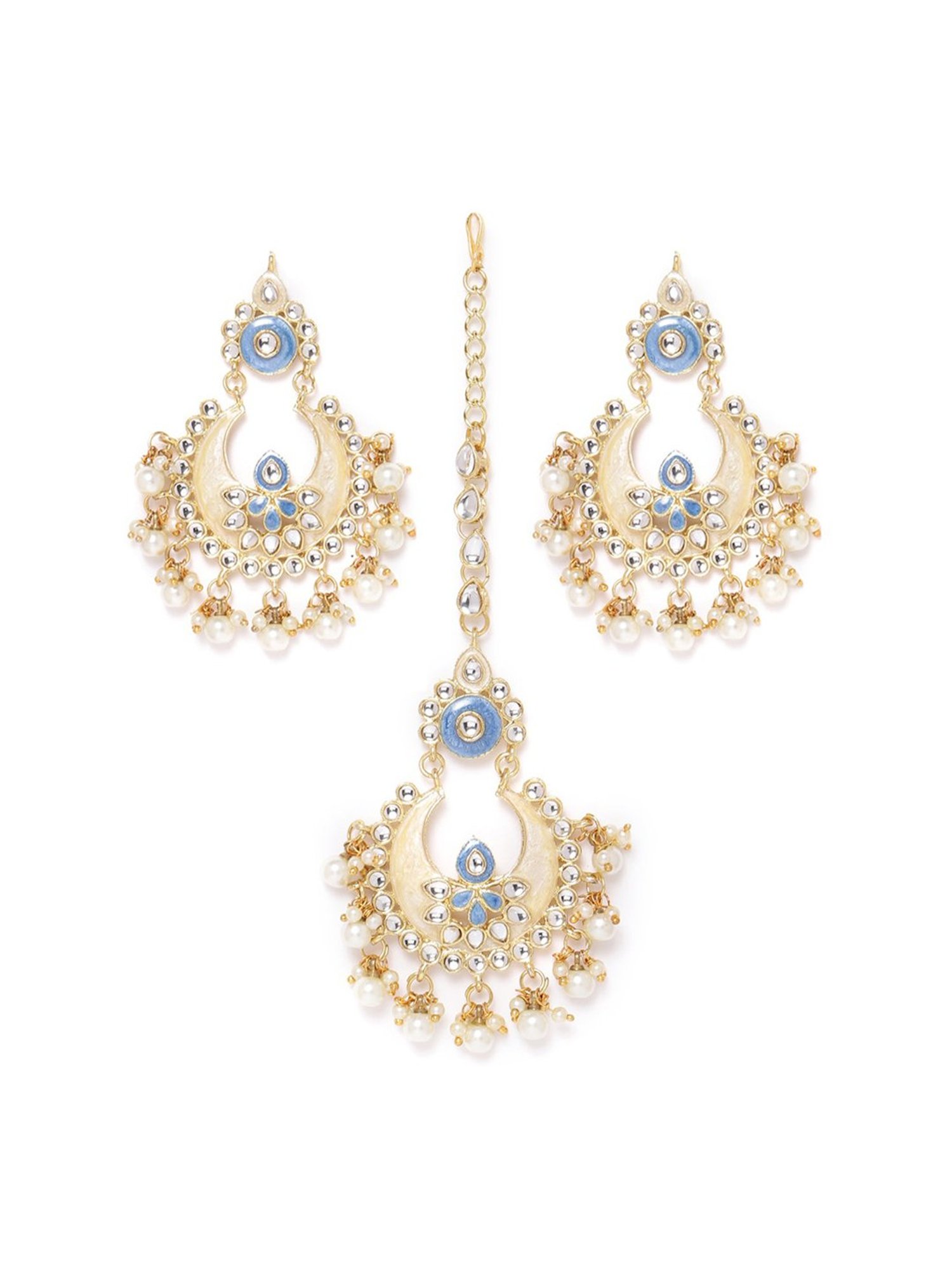 Zaveri Pearls Enamelling Blue Kundan & Pearls Wedding Collection Earring & Maangtikka Set-ZPFK9747