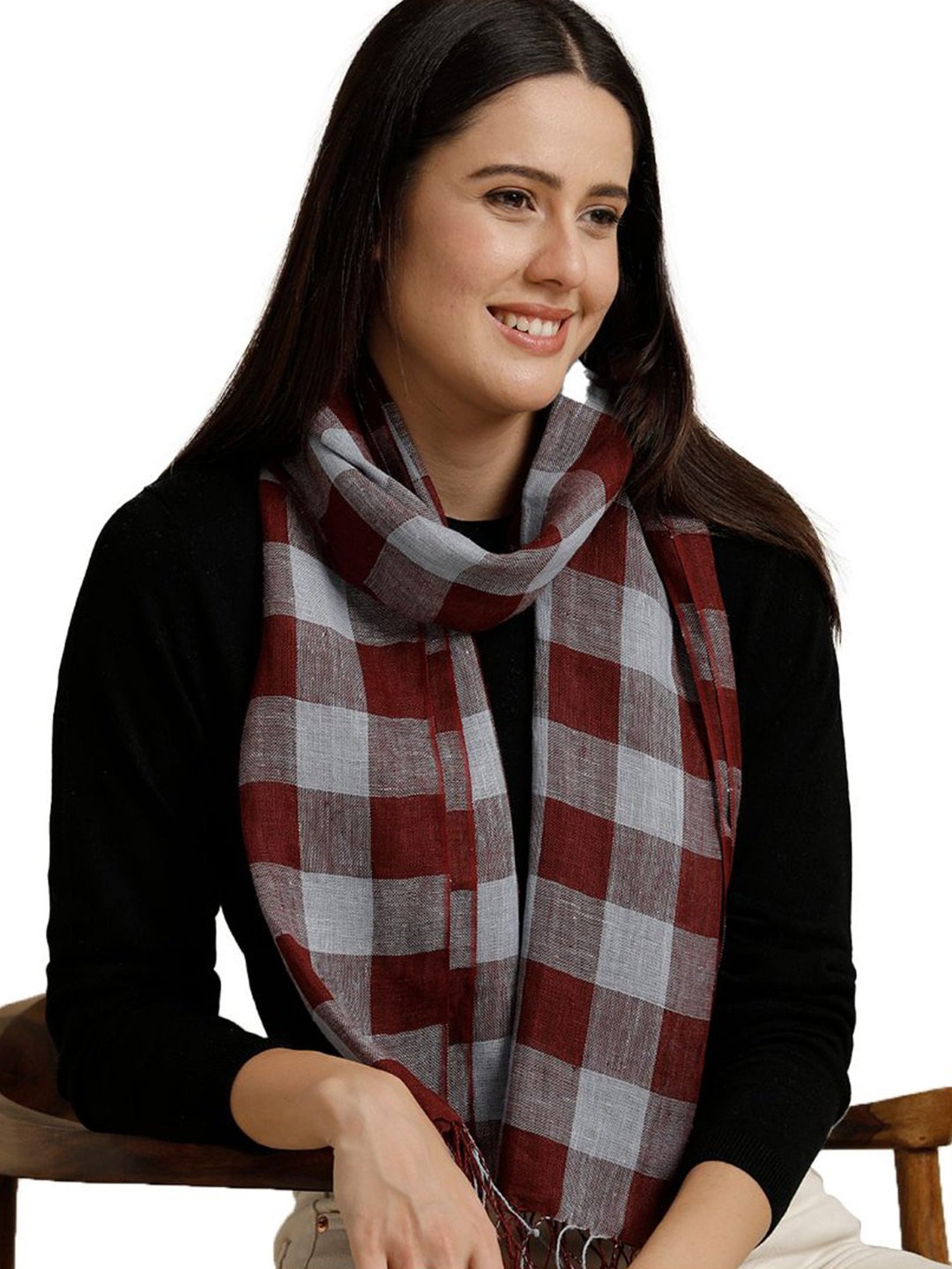 Linen Club Maroon Checks Pure Linen Stole