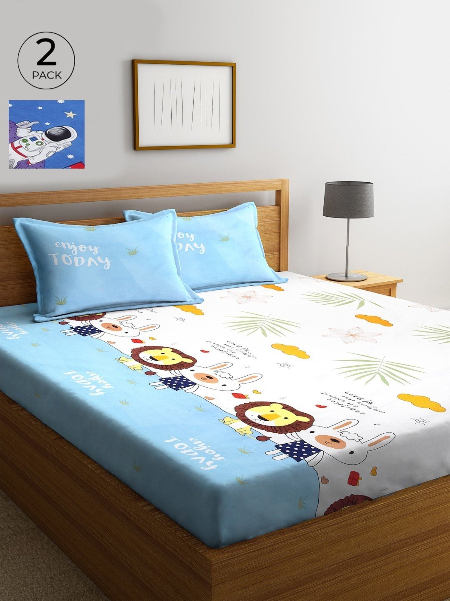 Klotthe Printed Sky Blue 210 TC Cotton Blend King 2 Bed Sheets with 4 Pillow Covers