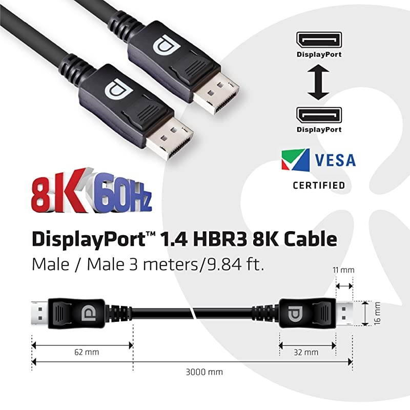 3D Displayport Cable 14 8K 60Hz VESA certfied 3 Meter984Feet 28AWG Black Color CAC1060