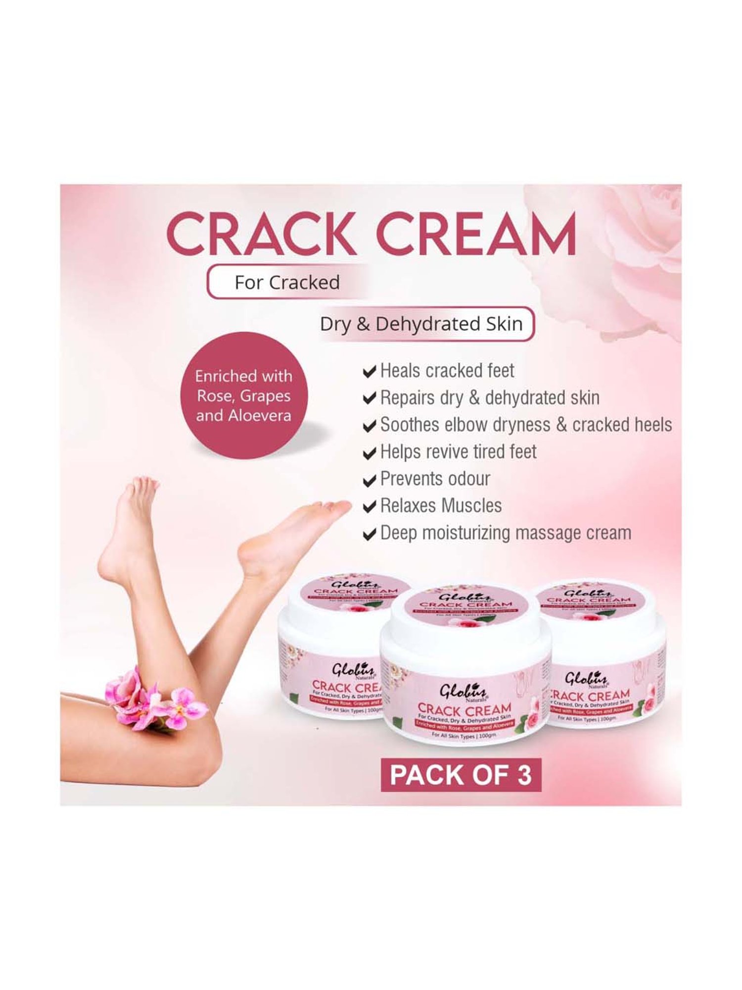 Globus Naturals Crack Cream for Dry Cracked Heels & Feet - 100 gm (Pack of 3)
