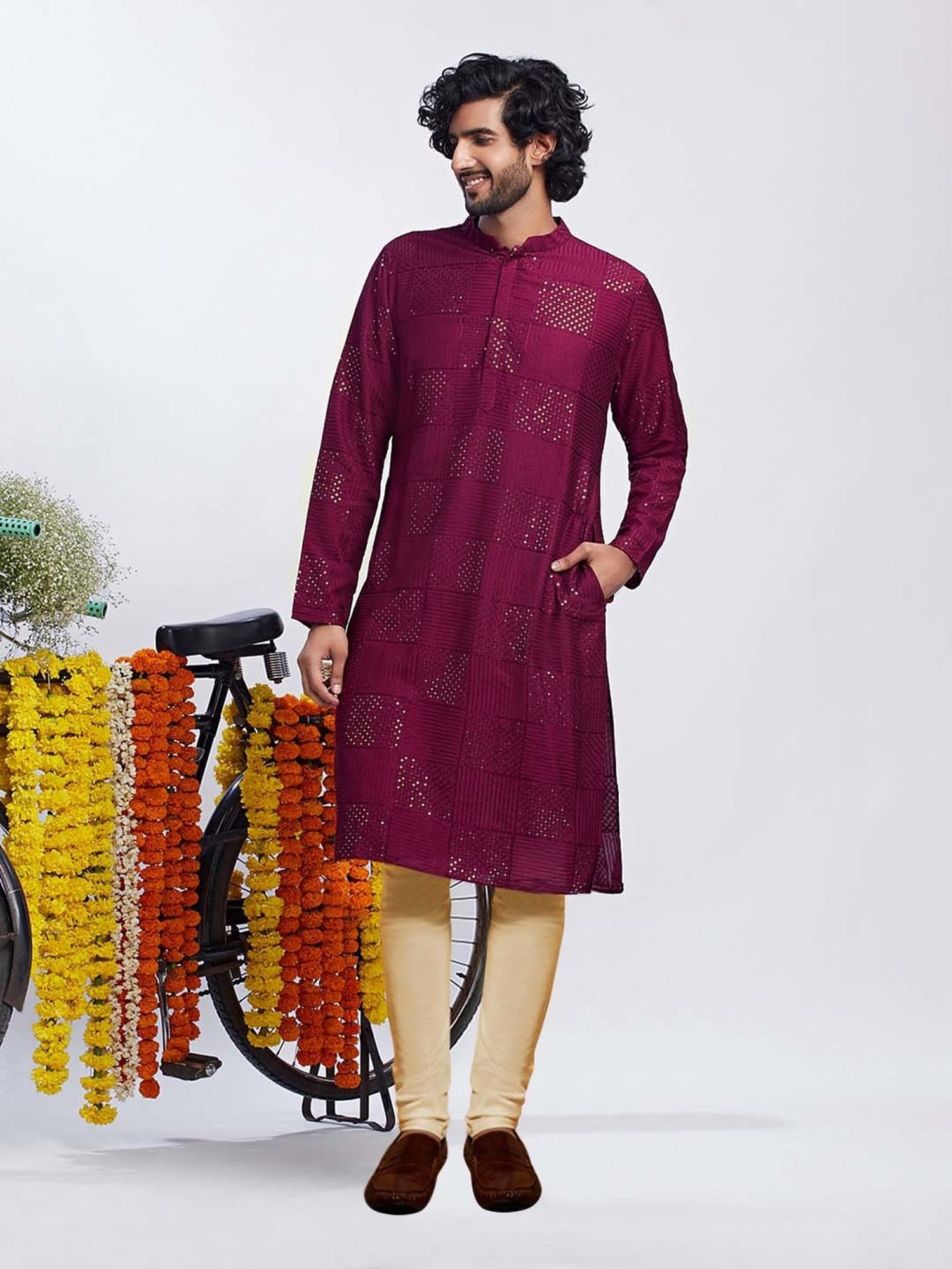 KISAH Burgundy & Beige Regular Fit Embellished Kurta & Churidar Set