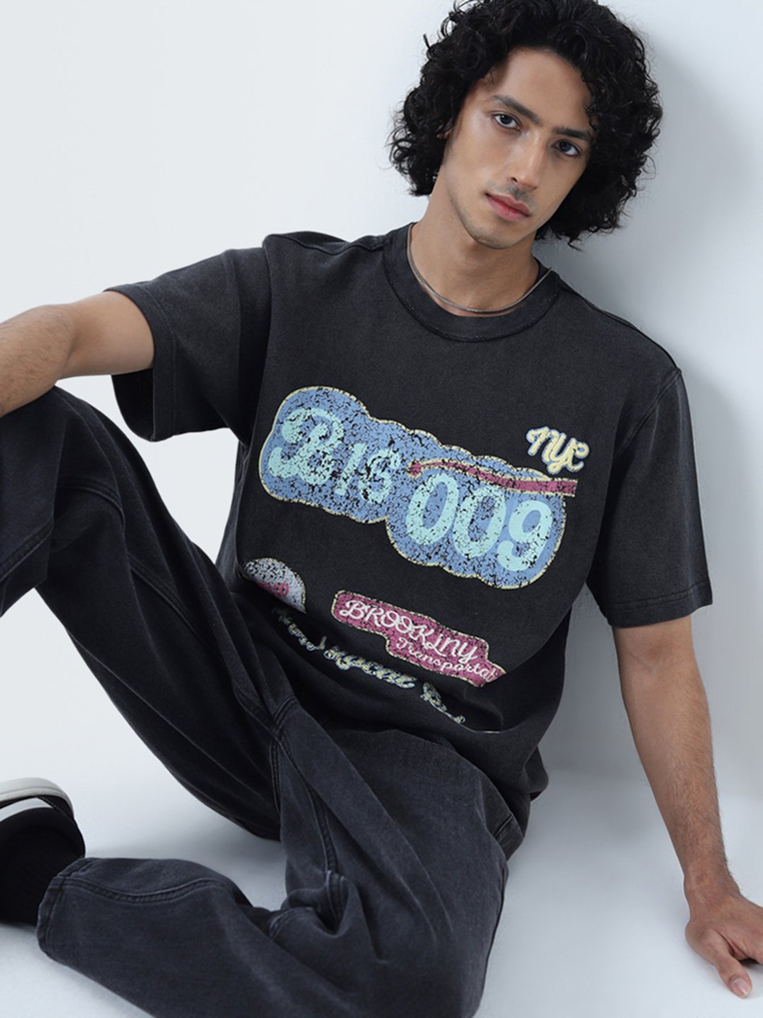 Nuon by Westside Dark Grey Text Printed Relaxed-Fit Cotton T-Shirt