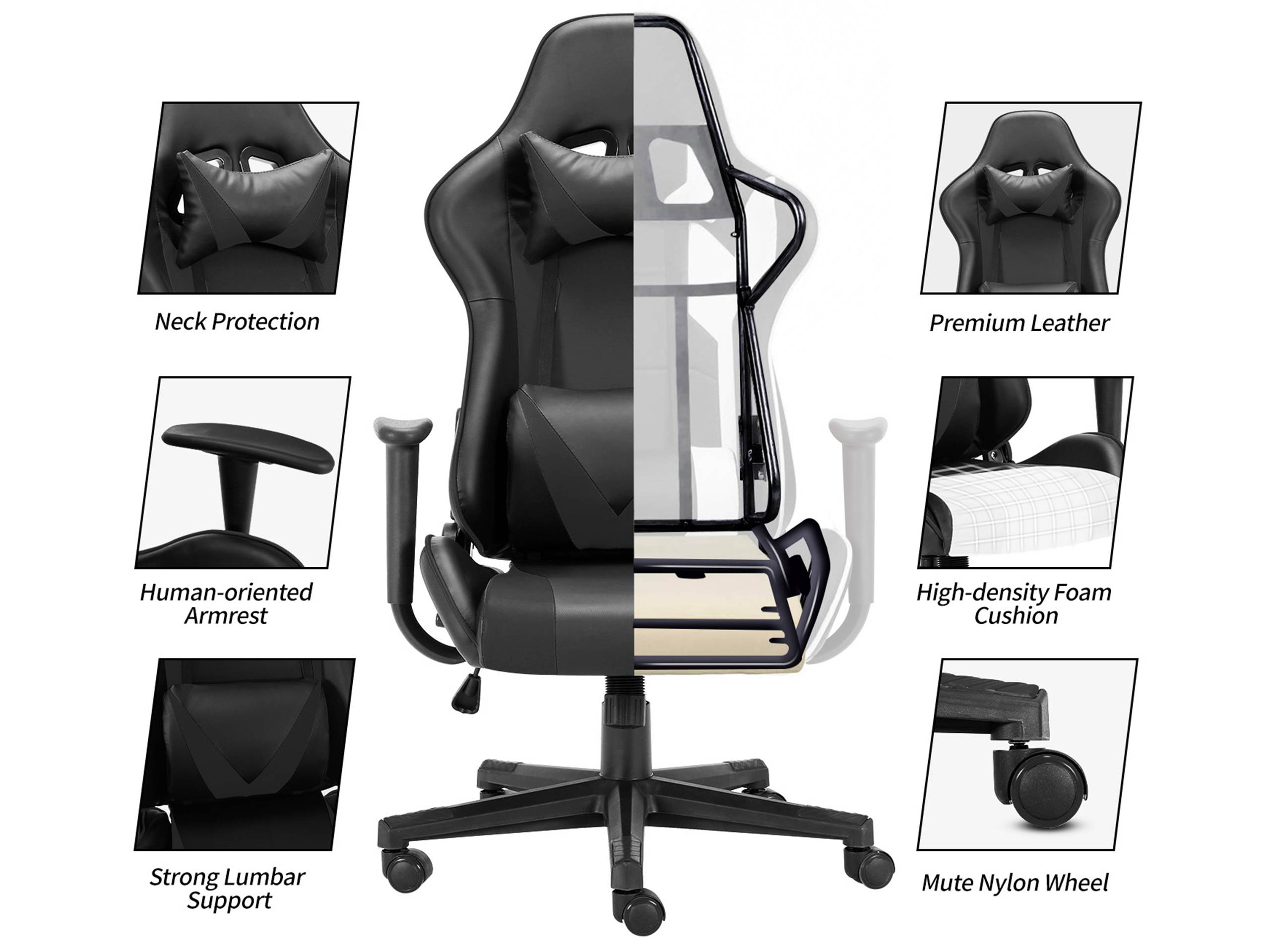 Home Office Racing Gaming Chair High Back Ergonomic Recliner Computer Chair, Height Adjustable Massage Gaming Chair With Neck Protection And Lumbar Support