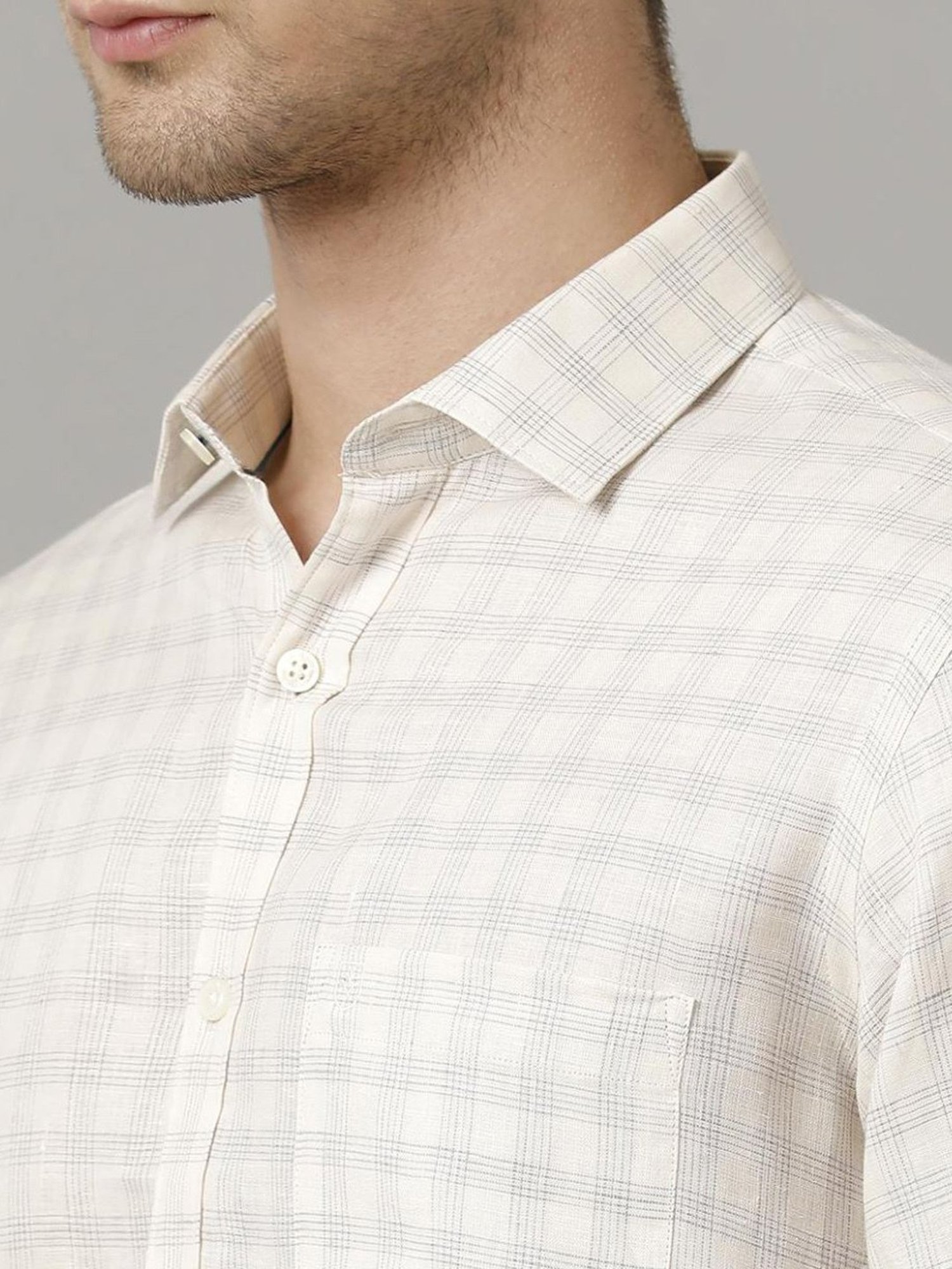 Linen Club Beige Linen Contemporary Fit Checks Shirt