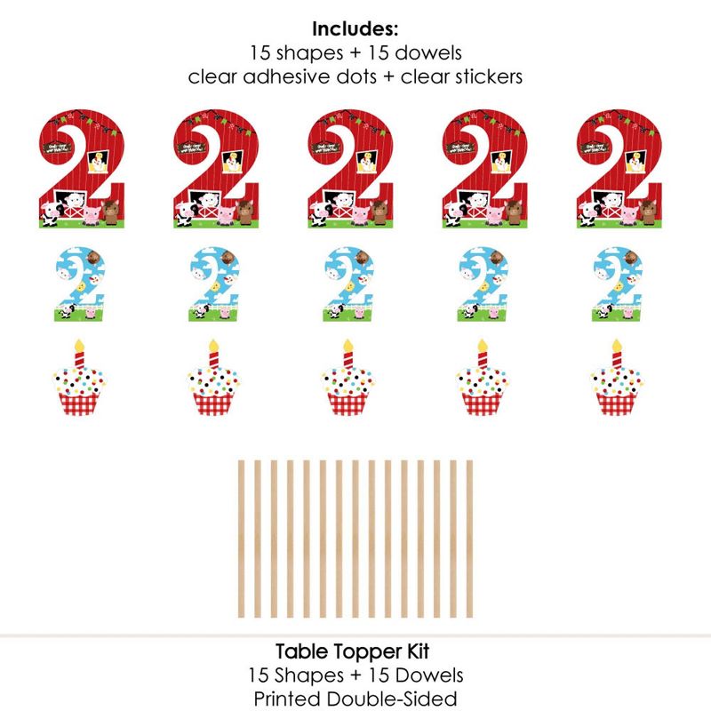 Big Dot of Happiness 2nd Birthday Farm Animals - Barnyard Second Birthday Party Centerpiece Sticks - Table Toppers - Set of 15