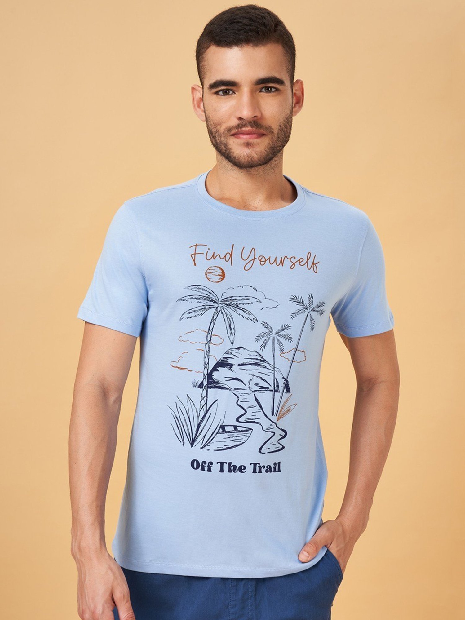 Urban Ranger by Pantaloons Sky Blue Cotton Slim Fit Printed T-Shirt