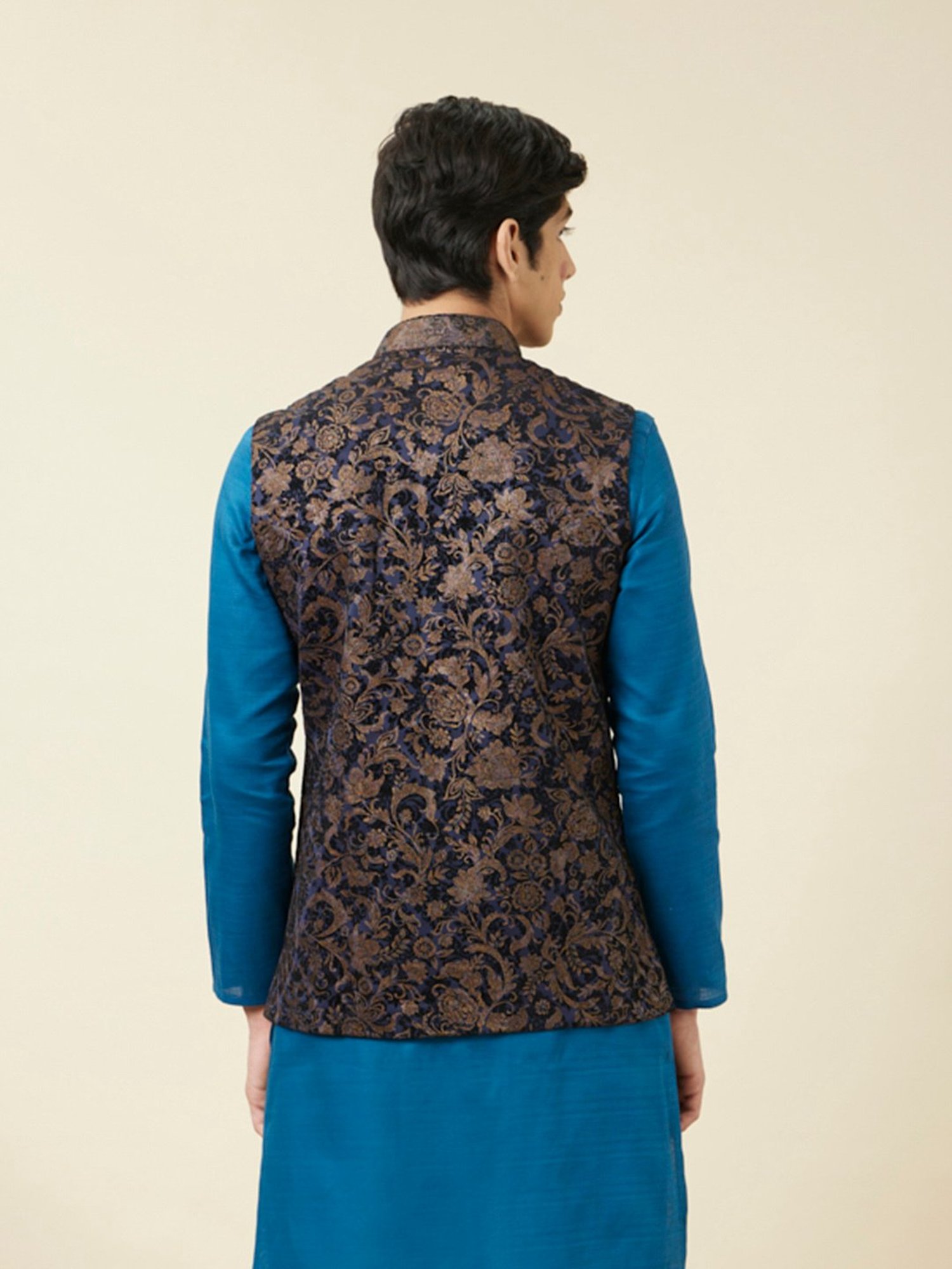 Manyavar Blue Regular Fit Printed Nehru Jacket